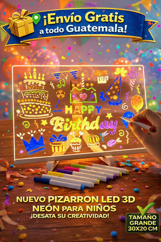 PIZARRA LED 3D EFECTO NEÓN DE 30X20 CM + BASE TRIPODE + 7 MARCADORES BORRABLES + 🎁OBSEQUIO ARCHIVO PDF 97 DIBUJOS PARA IMPRIMIR🎁 + ENVÍO GRATIS!👦👧